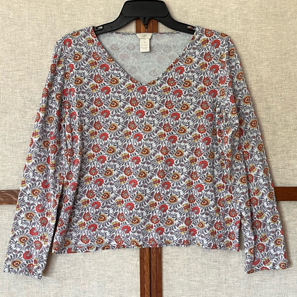 J. Jill Boho Floral Cotton V-Neck Long Sleeve Tee - Small